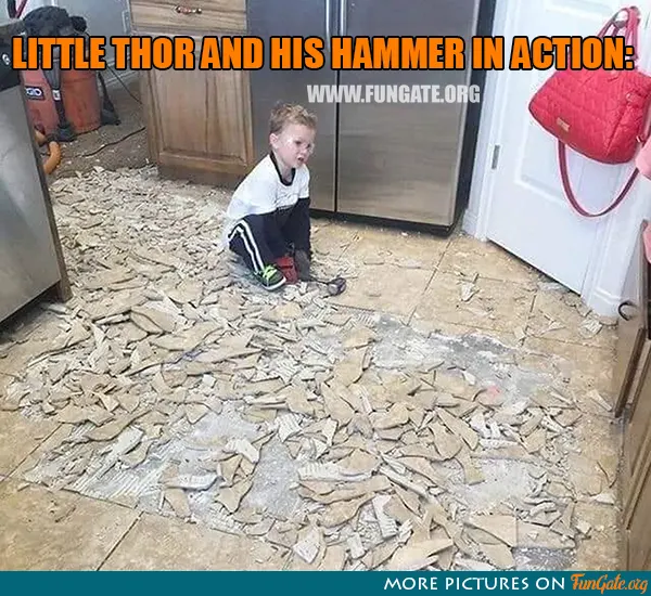 Little Thor and his hammer in action: